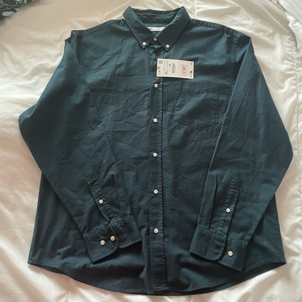 NWT Zara teal men’s long sleeve button down shirt